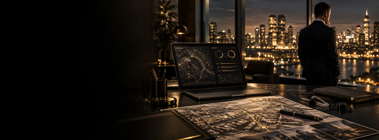 Un espace de travail sobre la nuit : un ordinateur affiche une cartographie et un tableau de bord d'audit, pendant qu'un homme en costume observe la ville depuis la fenêtre.