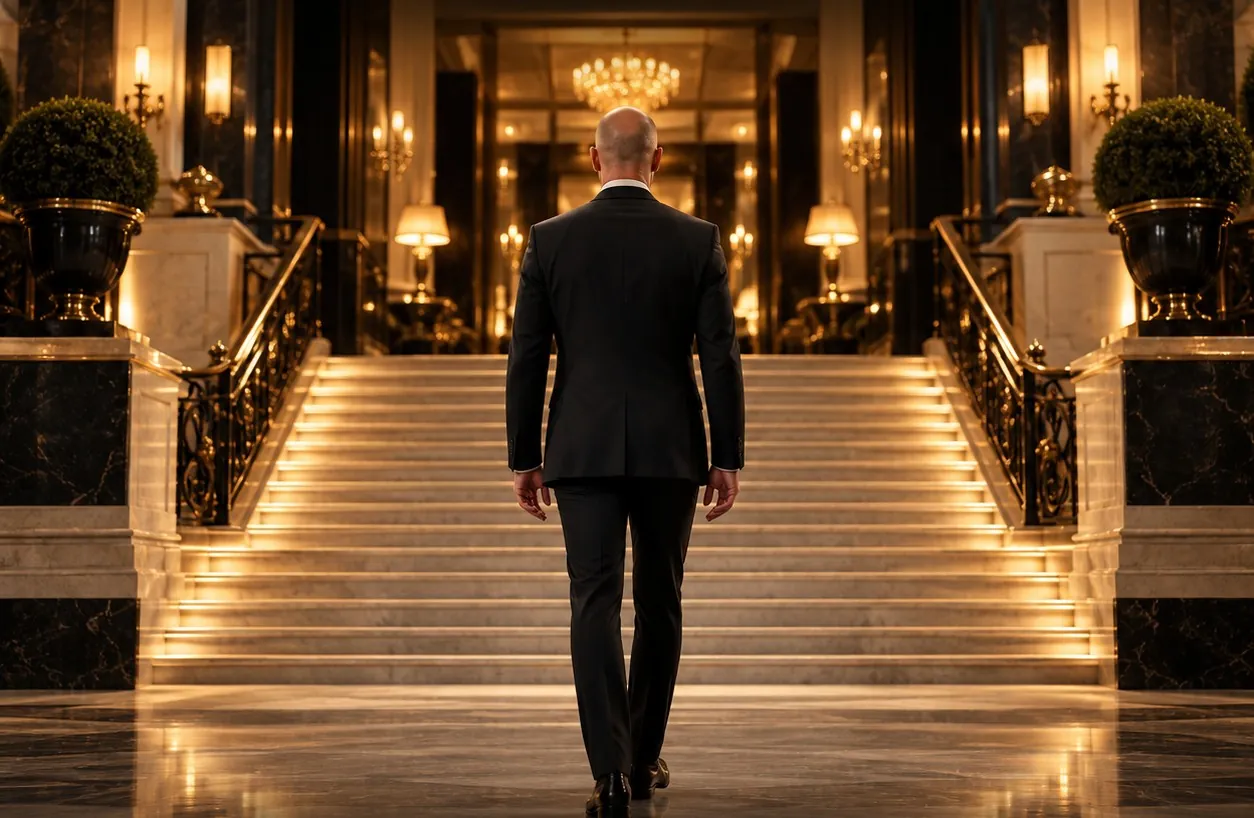Un homme en costume sombre, de dos, monte vers le grand escalier illuminé d'un hall de palace.