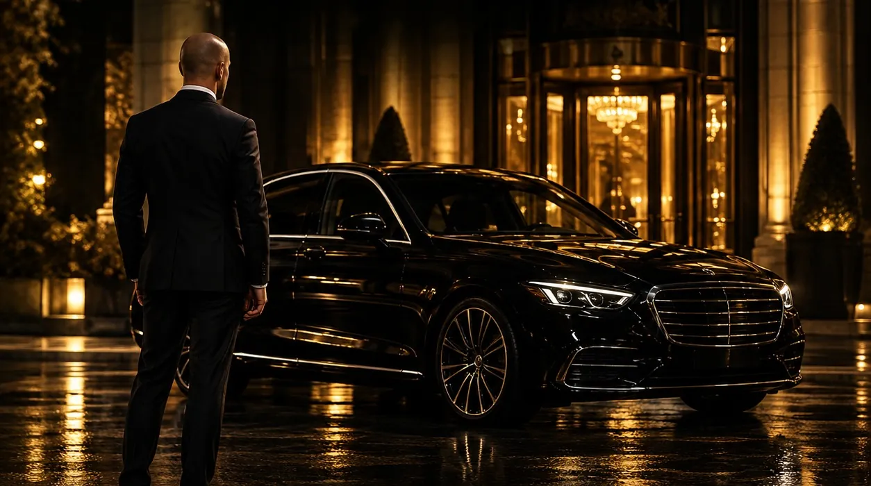 Un chauffeur en costume sombre attend près d'une berline noire devant l'entrée illuminée d'un grand hôtel, la nuit.